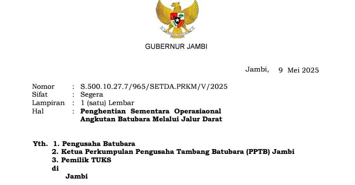 Gubernur Al Haris Hentikan Sementara Anggkutan Batu Bara Jalur Darat